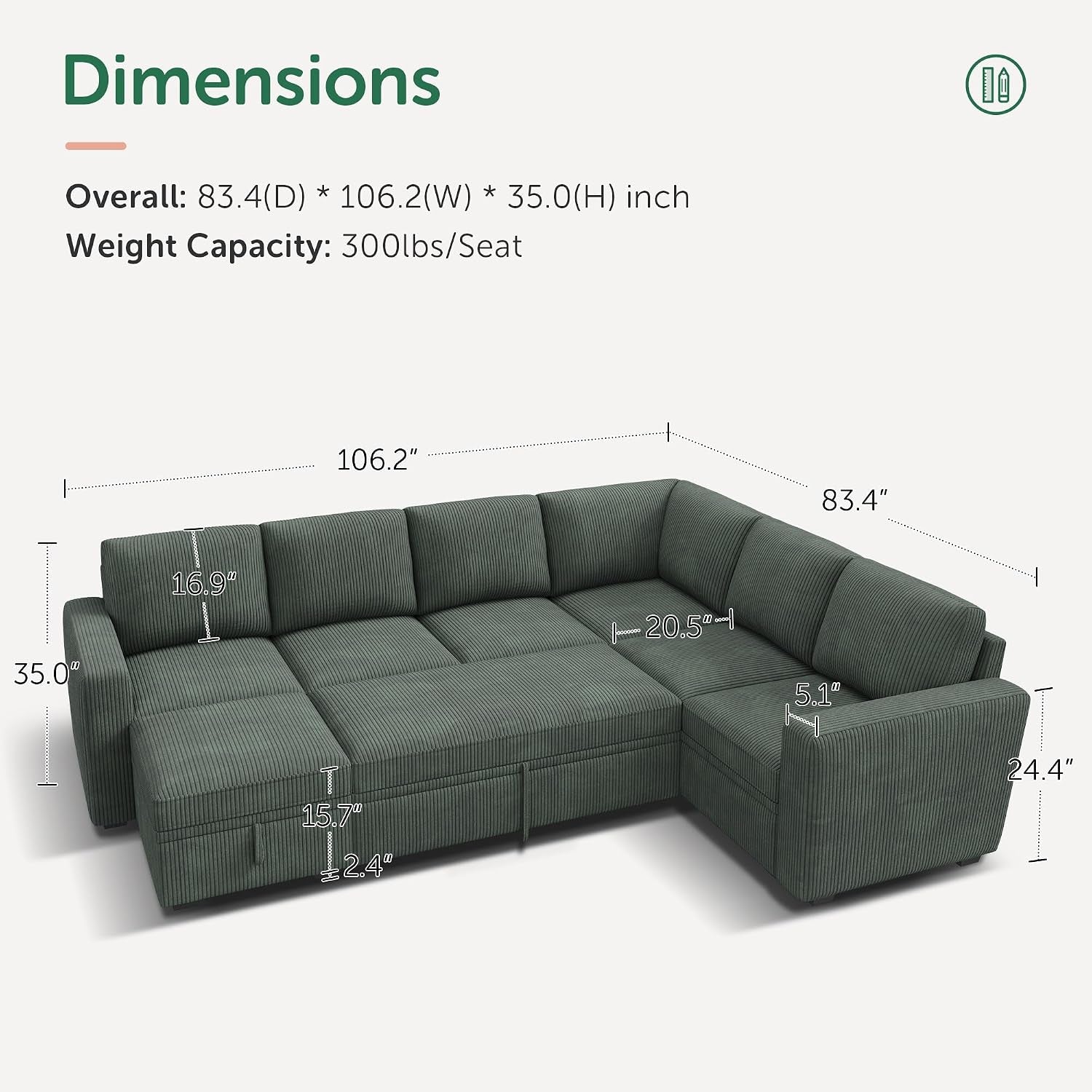 Modular Sectional Sleeper Sofa with Pull Out Bed, Corduroy Couch with Storage Seats Ottoman, U Shaped Sectional Couches for Living Room, Green