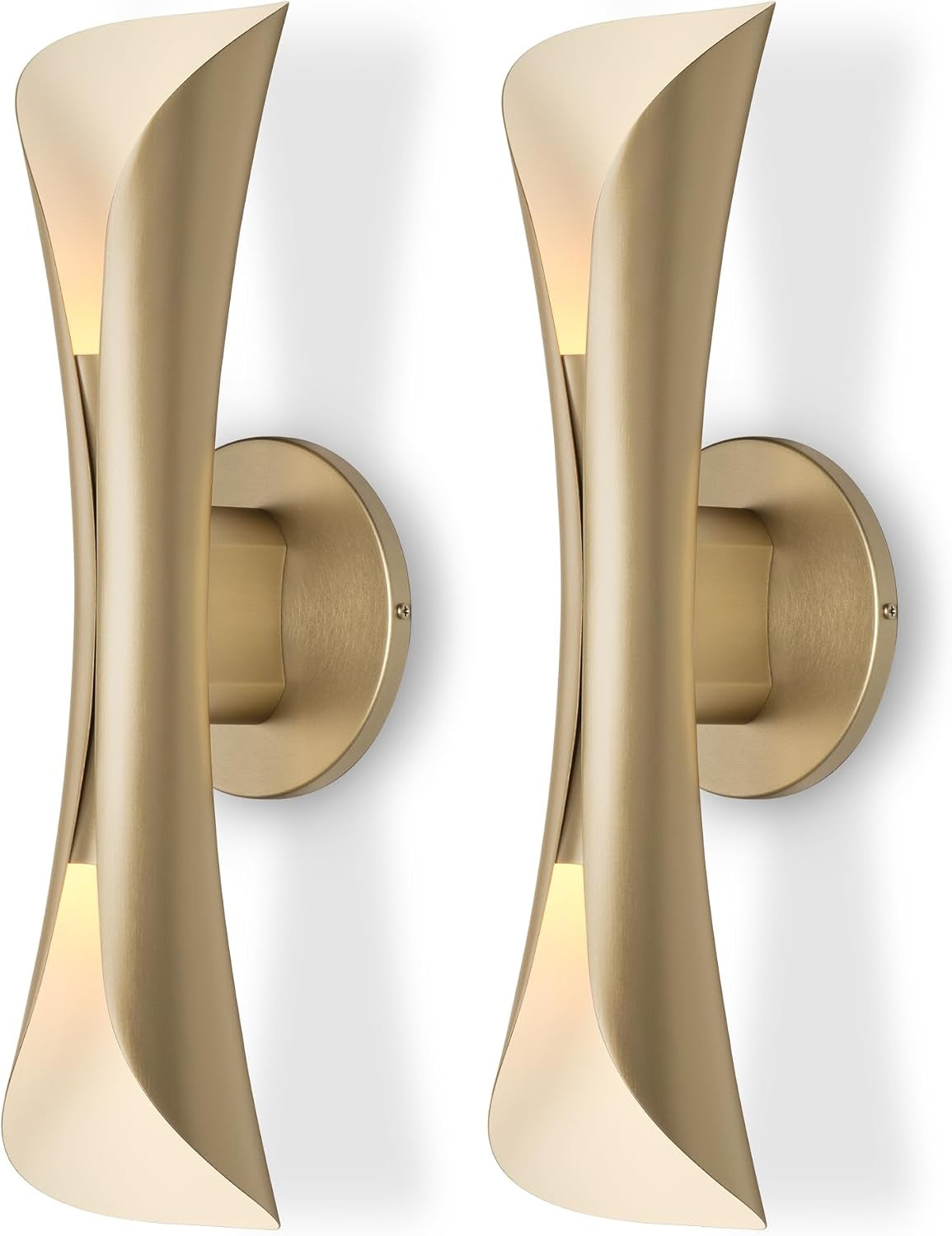 Pair of brushed gold wall sconces with curved up-and-down light openings, front view.