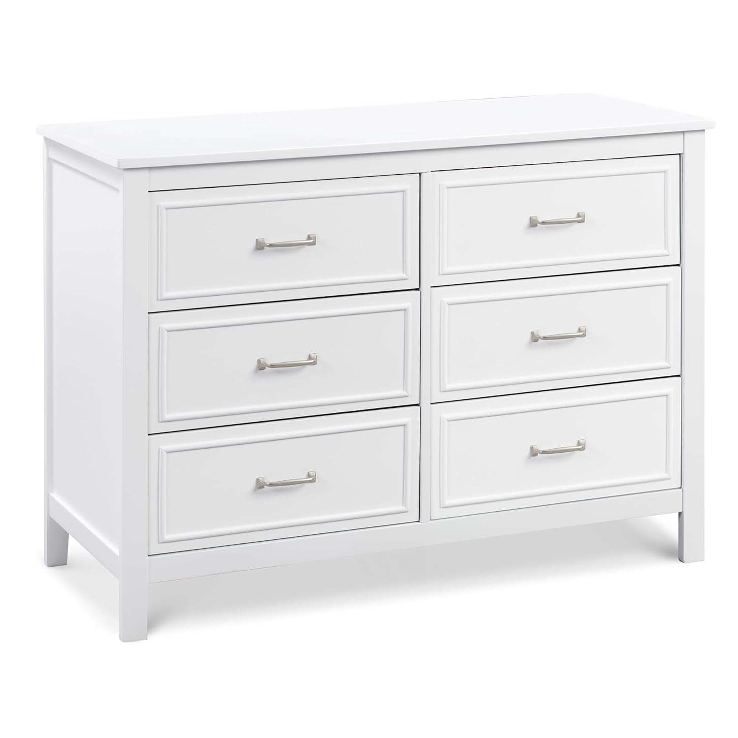 Front three-quarter view of a white six-drawer dresser on a white background