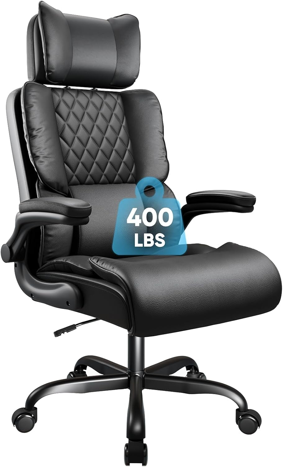 Front view of black office chair on white background showing diamond-quilted back and 400 lb graphic