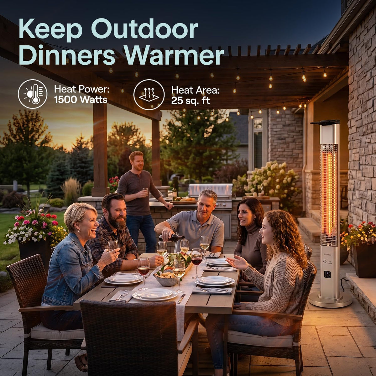 Outdoor dining at sunset with a tall infrared patio heater warming a group seated around a table