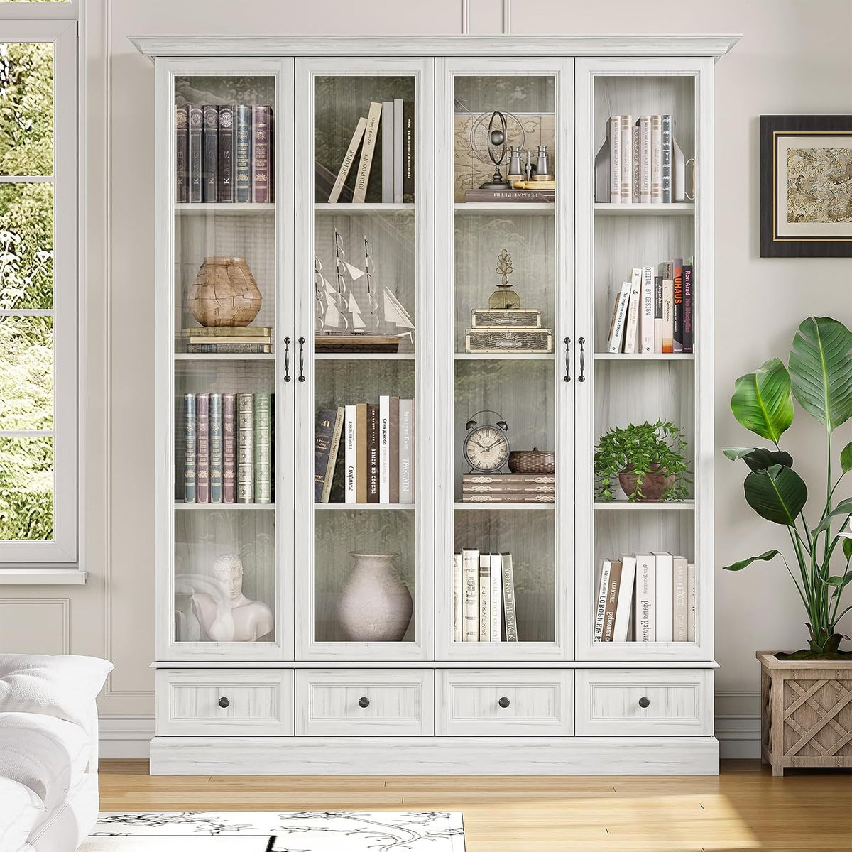 Front view of the grey glass-door cabinet showing four glass panels and lower base drawers