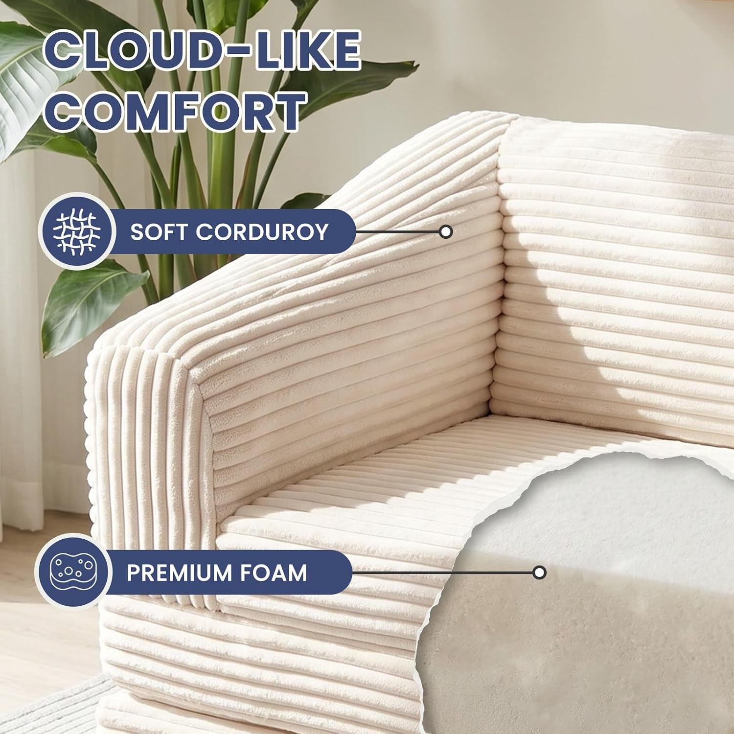 Close-up of corduroy texture and foam layers highlighting the soft fabric and premium foam interior