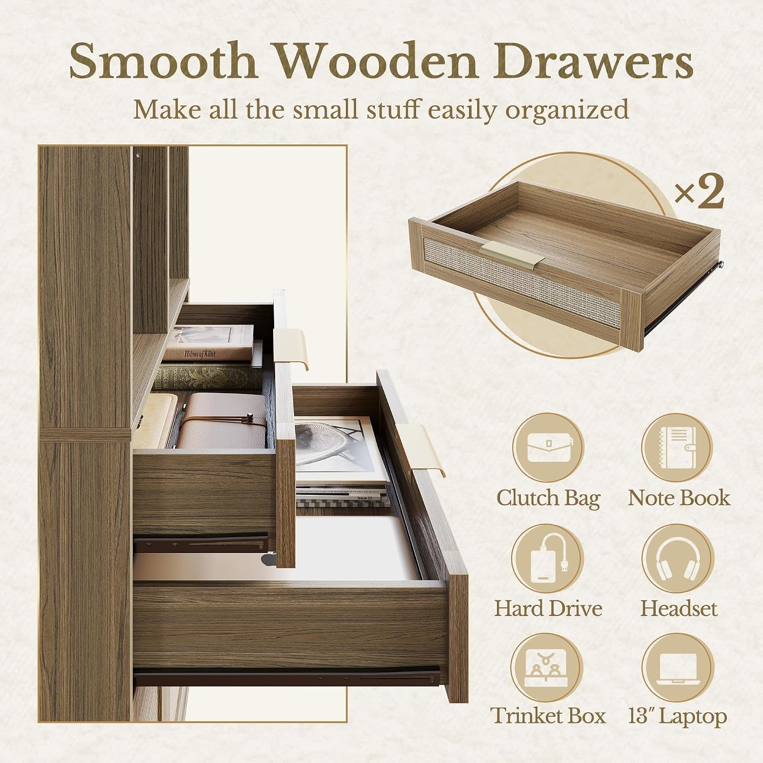 Close-up of two open drawers showing organized interiors with notebooks, a pouch and a laptop-sized lower compartment.
