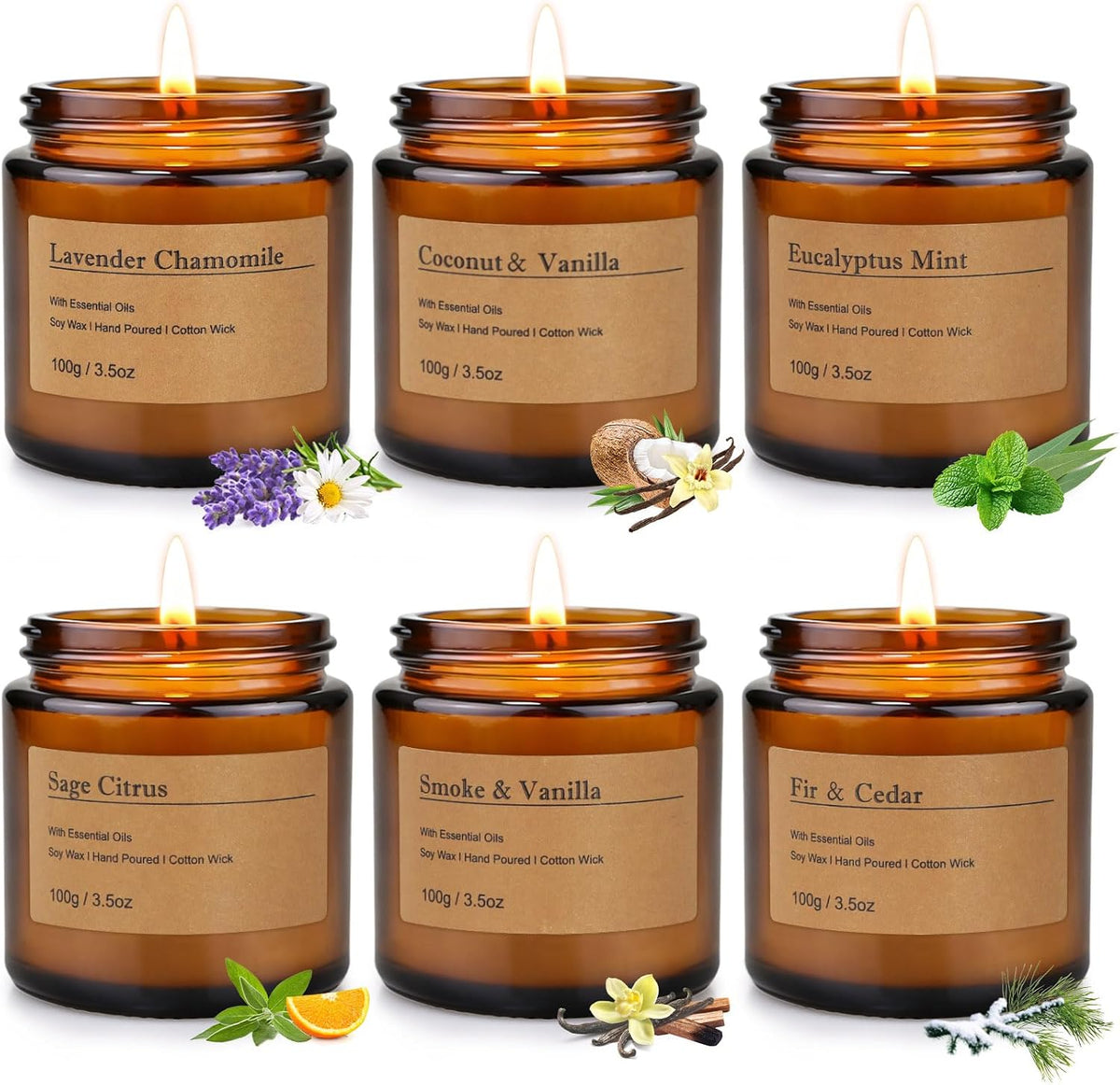 Six amber-jar candles arranged in two rows, each with a kraft label and small ingredient sprigs at the base.