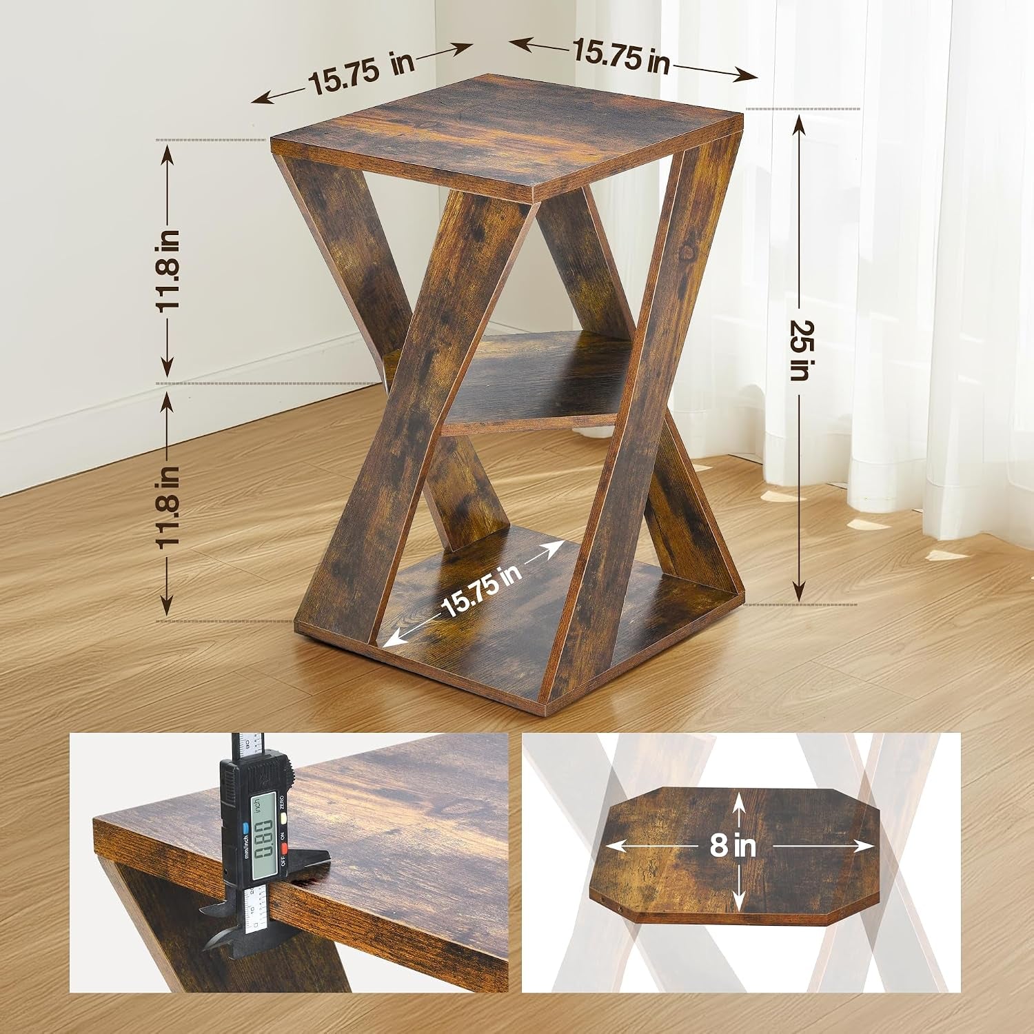 Front three-quarter view of a wooden X-shaped end table shown alone on a wood floor.