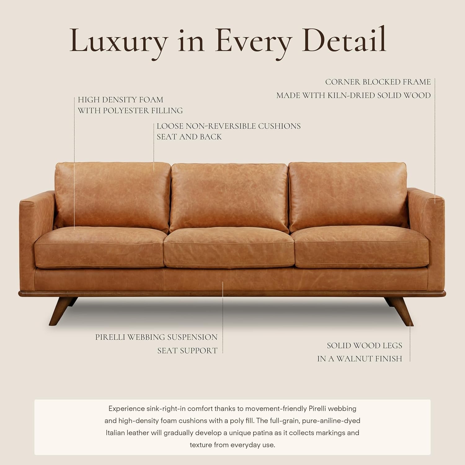 POLY & BARK Nolita 85” Leather Sofa – Full-Grain Italian Aniline Leather, Feather-Down Comfort, Solid Wood Base – Cognac Tan