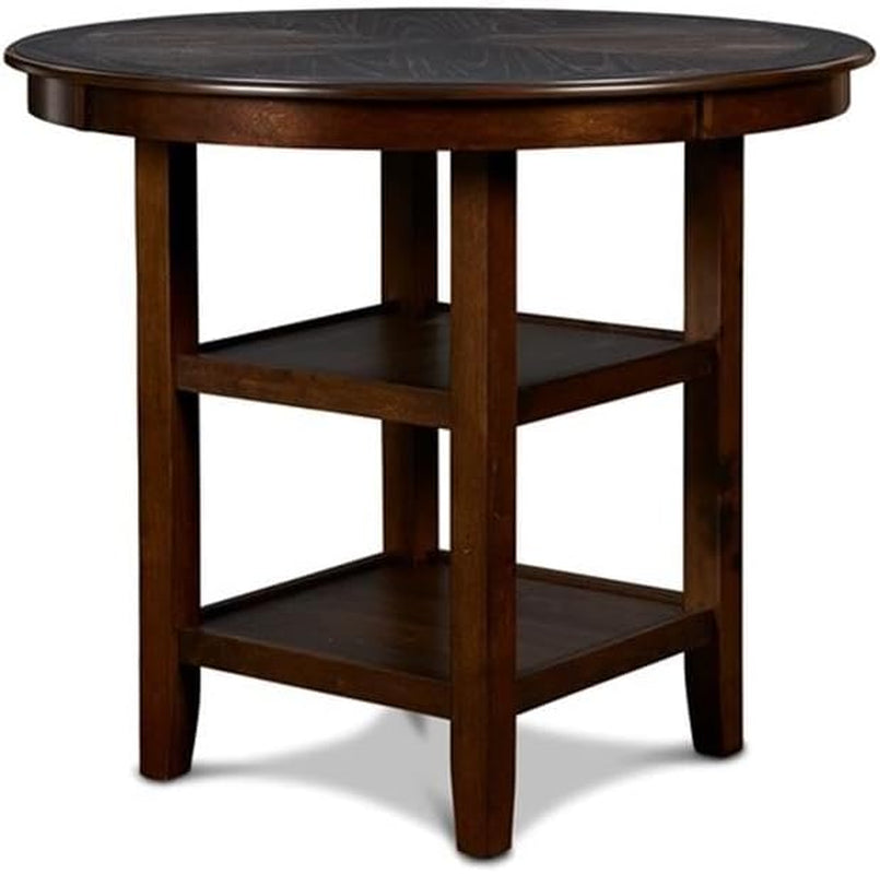 Side view of a round wooden table showing two lower square shelves and four straight legs on white background