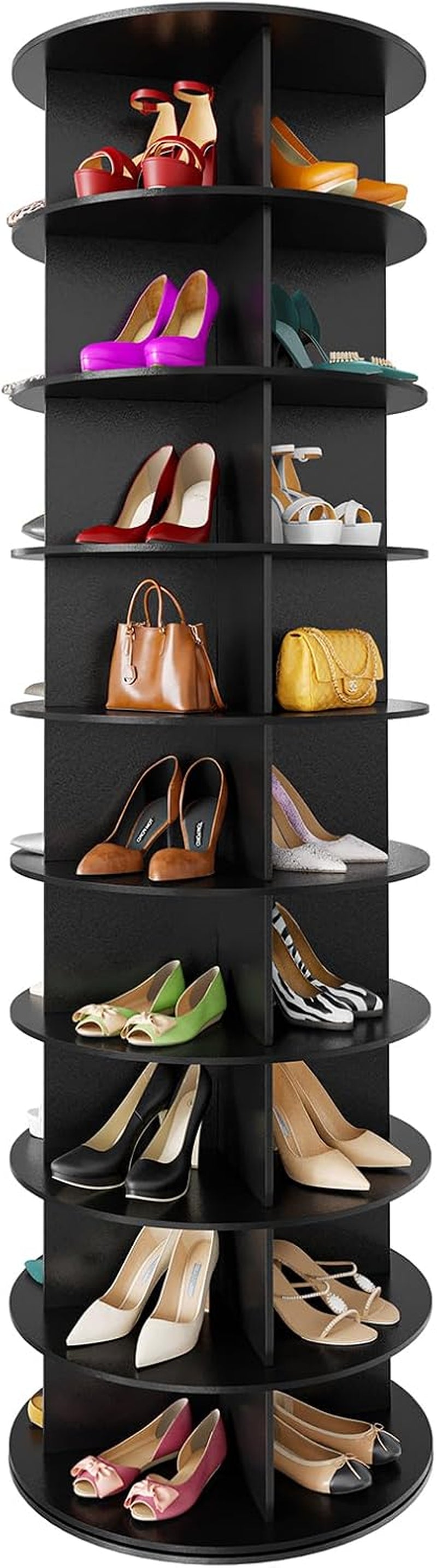 Full black 7-tier shoe tower photographed front-on with various heels and flats on each level.