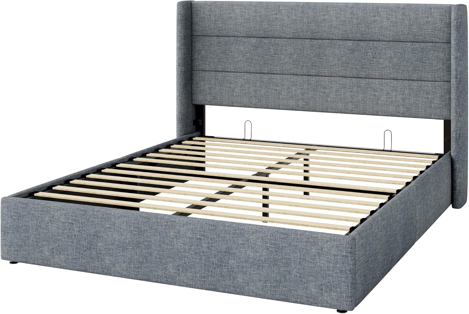 Three-quarter studio view of a wingback headboard bed frame in blue-gray fabric without mattress, slatted base visible.