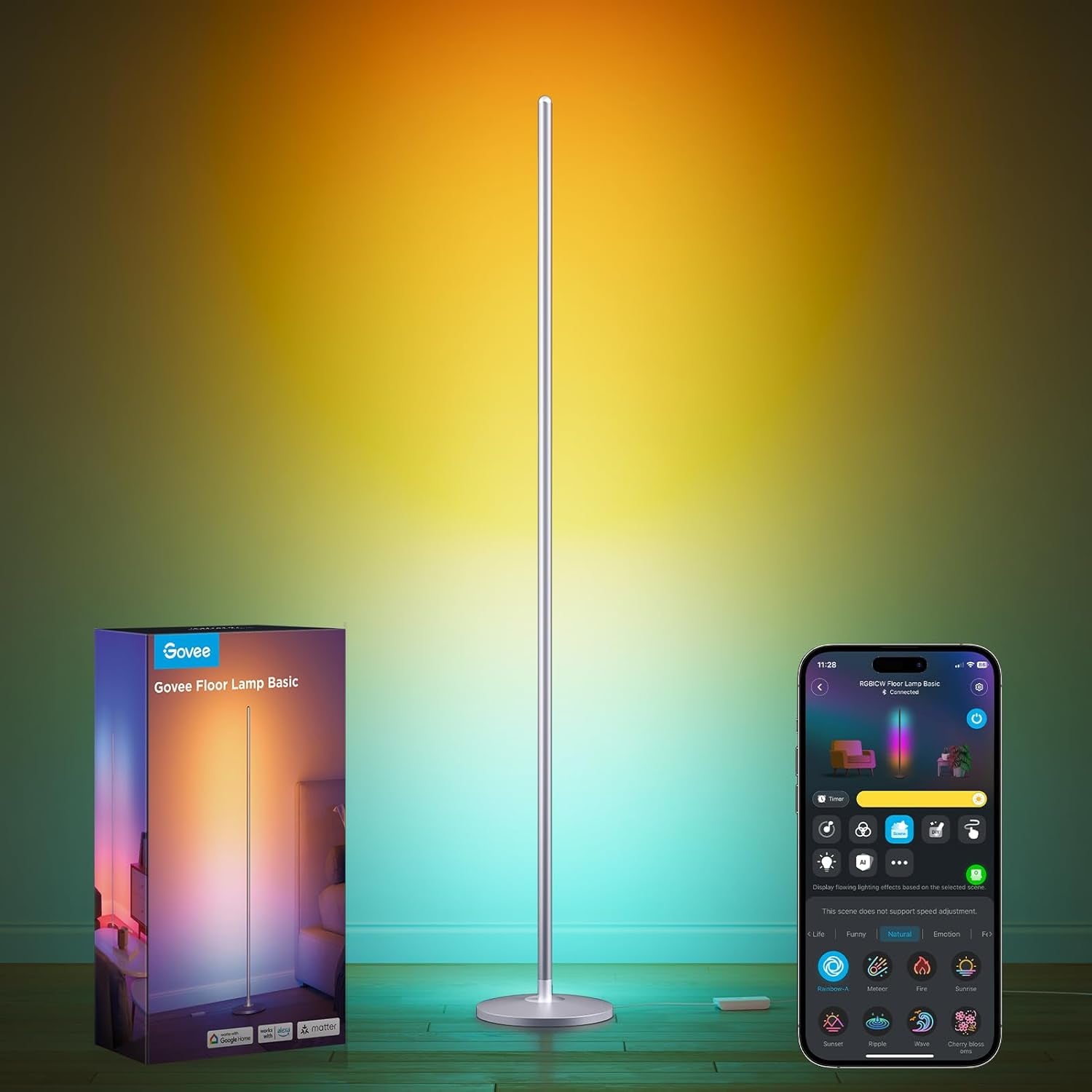 Silver floor lamp casting warm yellow light, box positioned to the left and smartphone with app controls on the right.