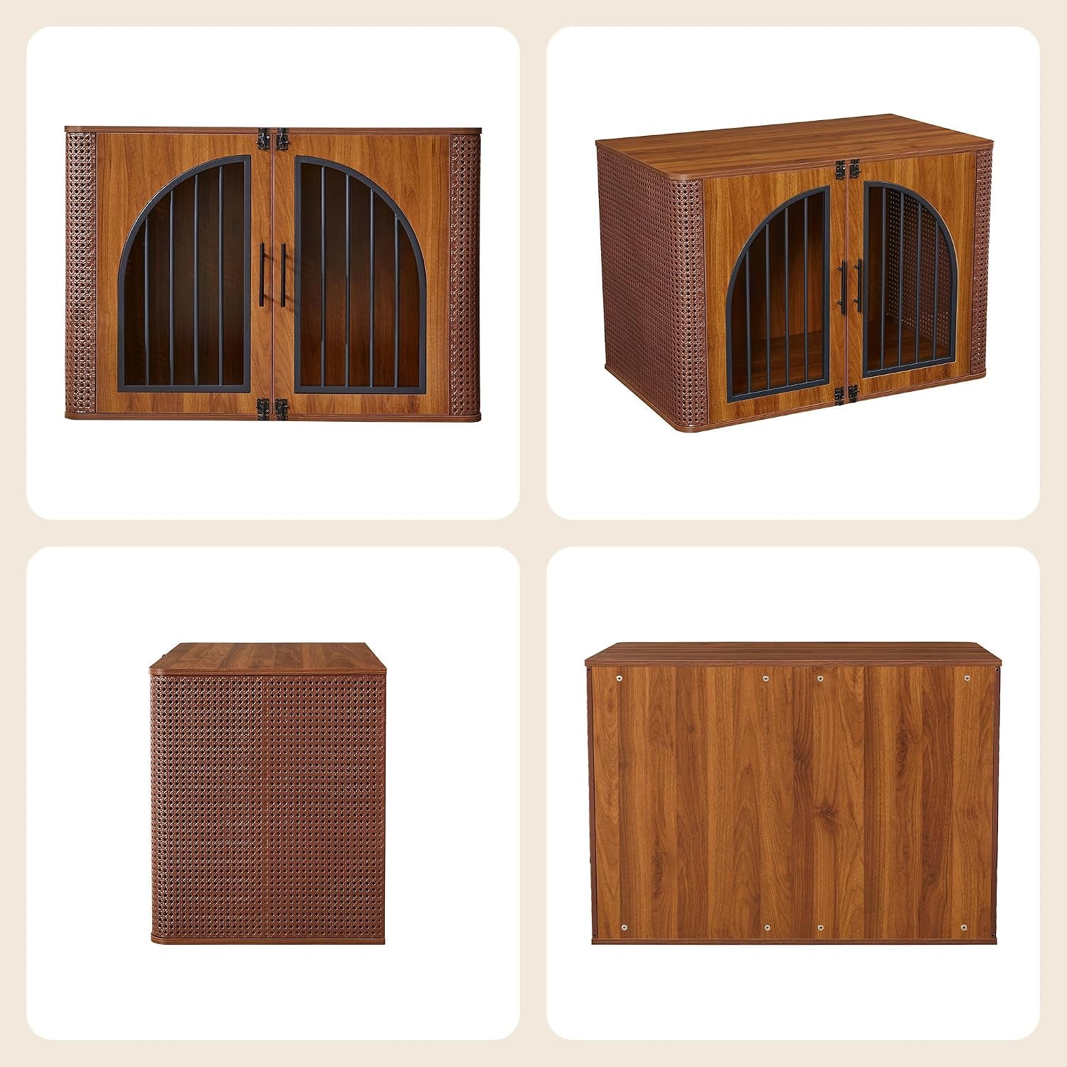 Four white-background studio views of a walnut-finish wooden dog crate: front, angled, side and back.