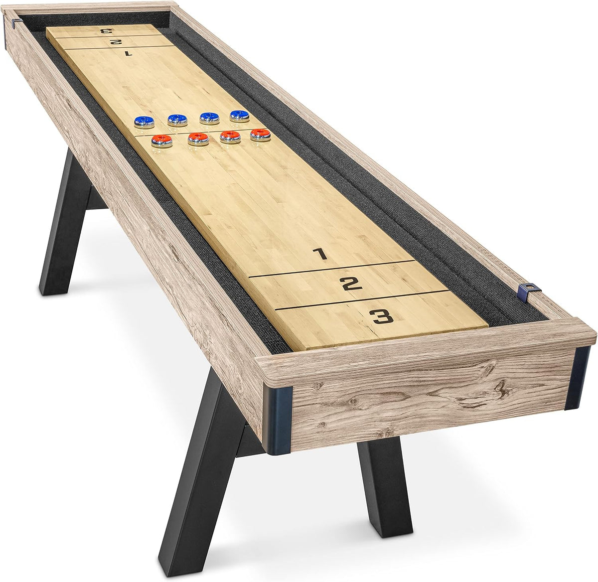 Rustic oak-finish 9 ft shuffleboard table angled front view showing composite butcher block surface and black powder-coated A