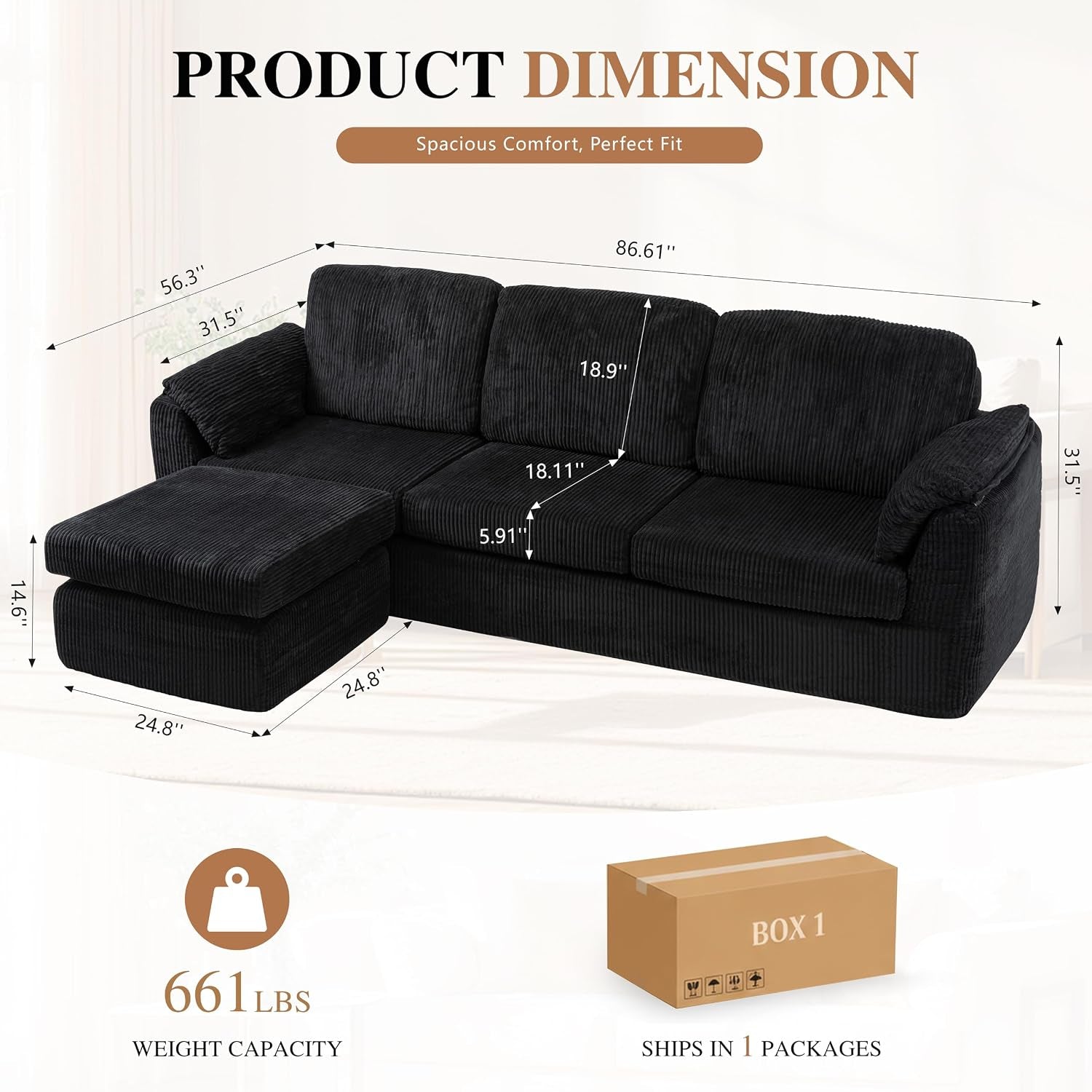 86" Boneless Couches for Living Room, L-Shaped Corduroy Cloud Couch, Modular Sectional Couch with Ottoman, Deep Seat Plush Foam Sofa, No Assembly Required, Black