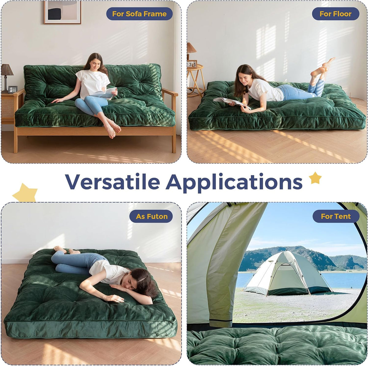 Collage showing the futon mattress used as a sofa cushion, a floor mattress, and laid flat in a tent setting