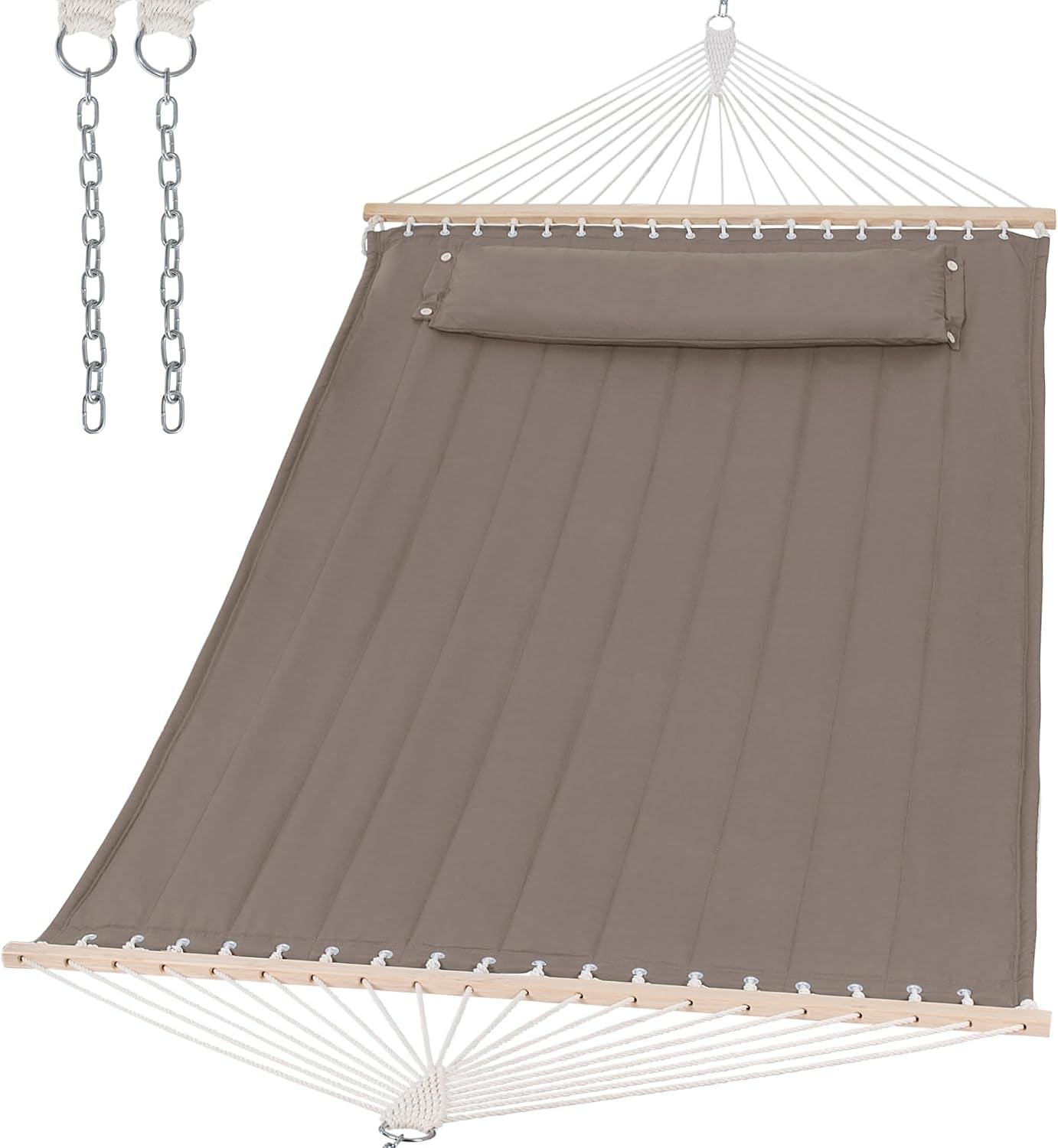 Top-down product view of a taupe padded hammock with hardwood spreader bars, pillow and hanging chains