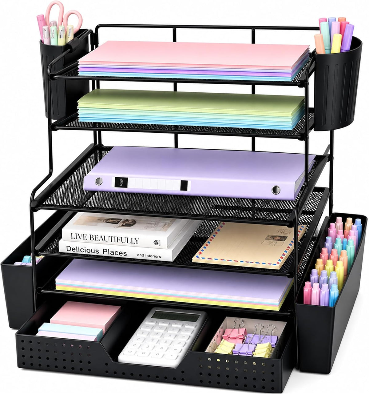 Black metal 4-tier desktop organizer filled with pastel paper, pens, calculator and binder
