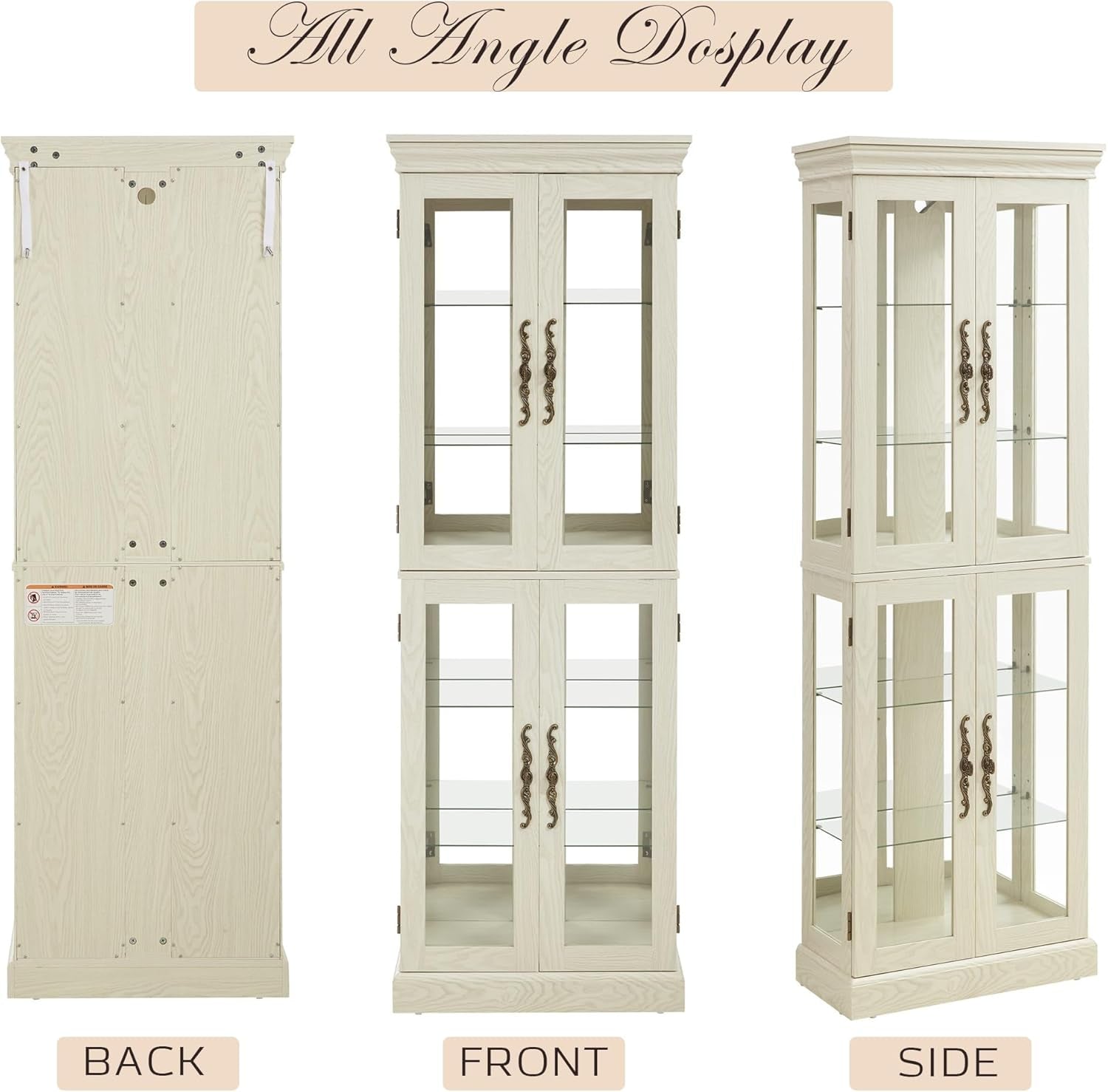 Three-angle views showing the back, front, and side of the curio cabinet on a white background