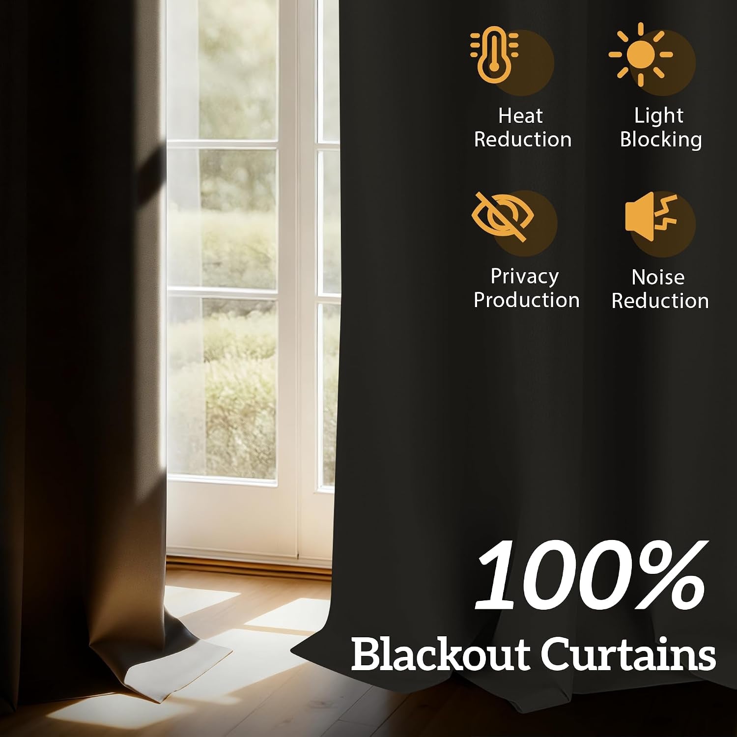 Close-up of a dark curtain hem with overlay icons showing heat reduction, light blocking and noise reduction.