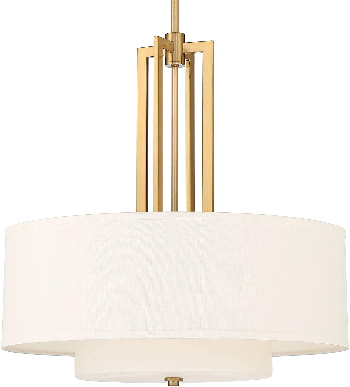 Close-up of gold geometric metal frame rising above the off-white drum shade, front crop