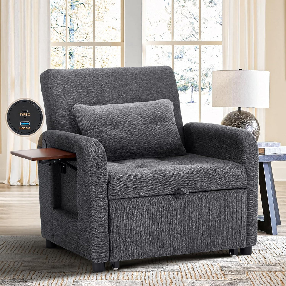 Front view of dark grey sleeper chair with USB port graphic overlay and foldable side table shown