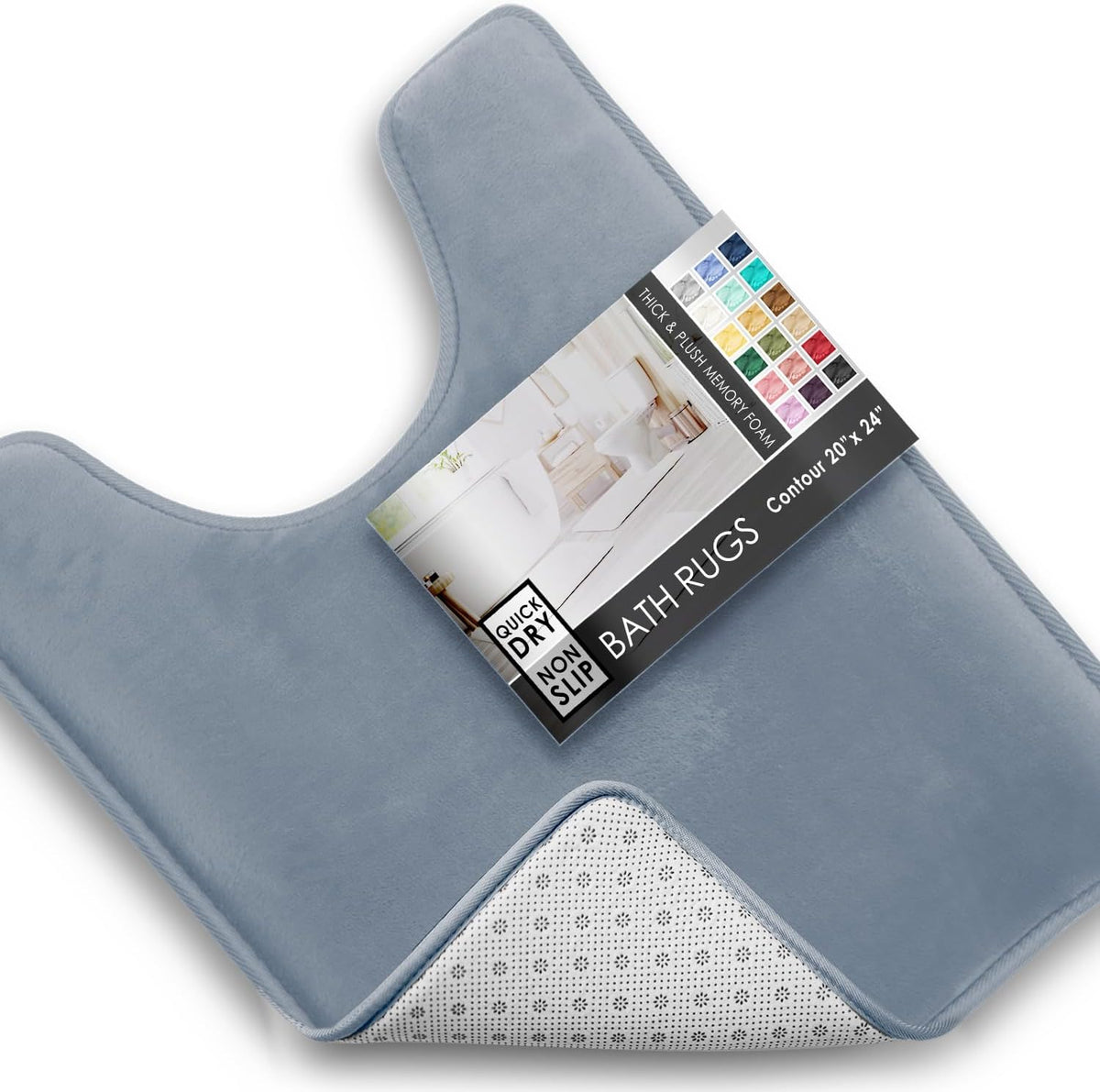 Light-blue U-shaped contour rug photographed close-up with packaging card laid on top and one corner flipped to show dotted