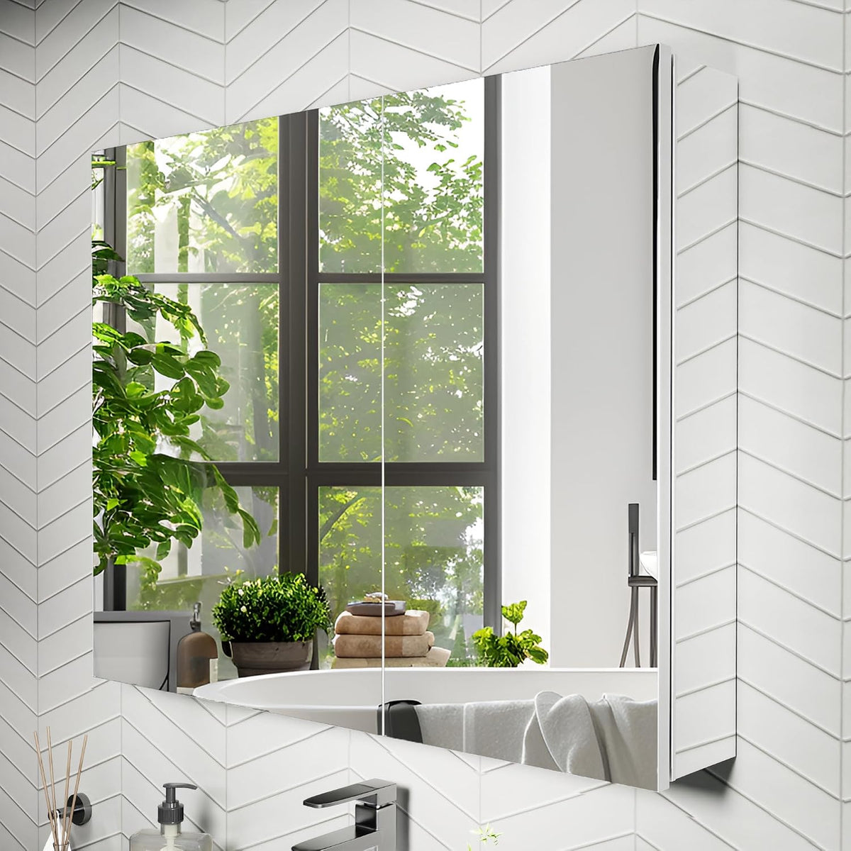 Angled side view of the mirrored cabinet on white chevron tile, reflecting a large window, plants and a bathtub.