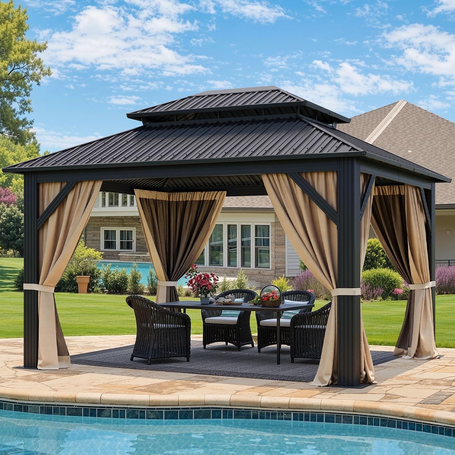 Gazebo set beside a backyard pool with beige curtains and a dining set on a rug under the roof.