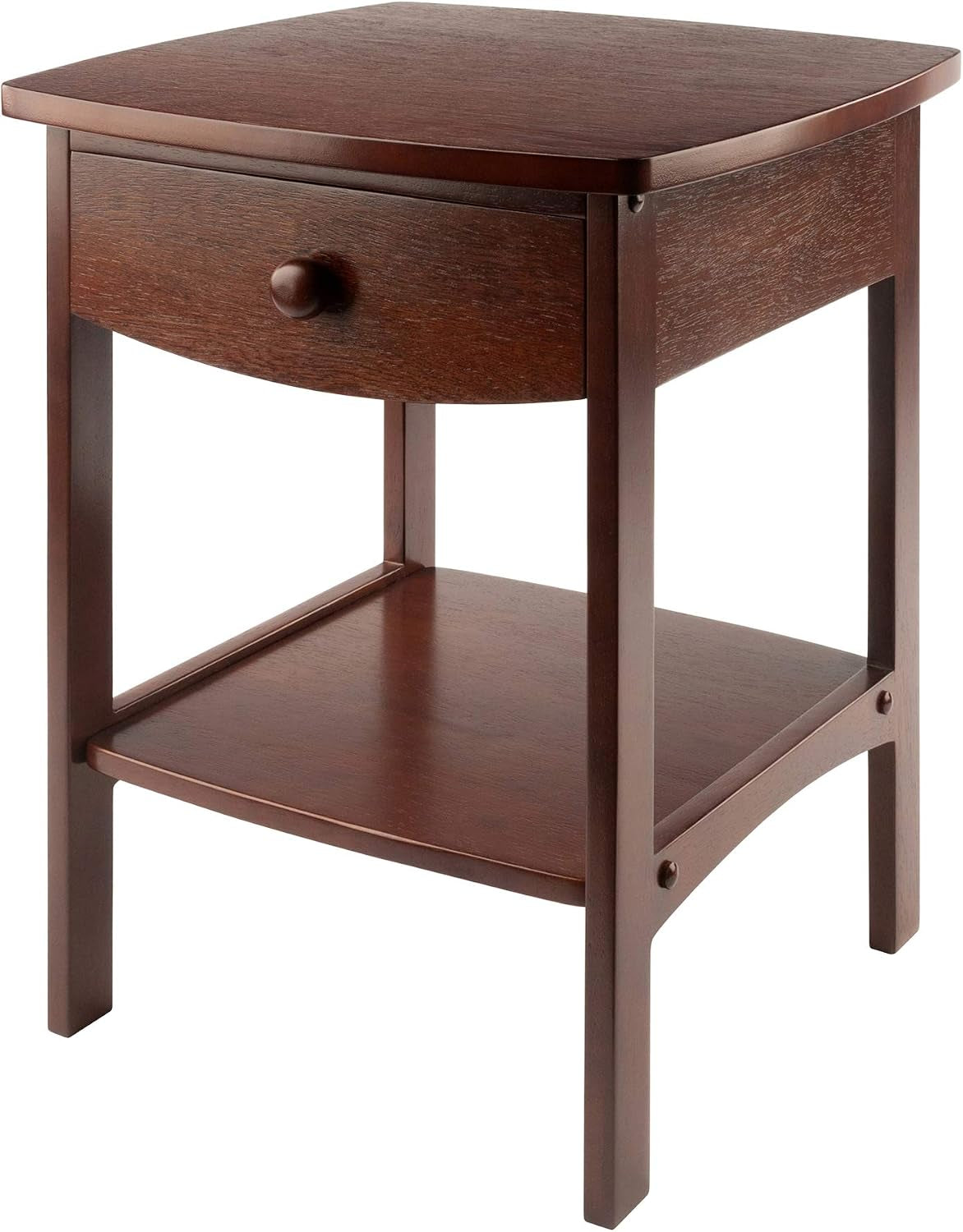 Walnut finish end table angled front view showing curved drawer front and lower shelf