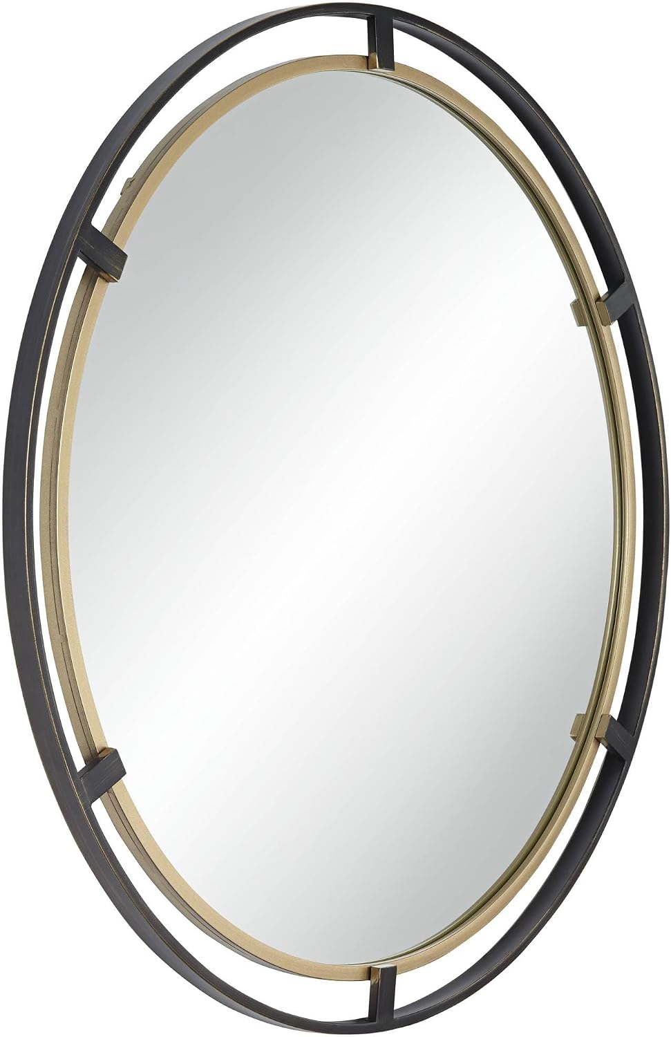 Angled side view of round mirror highlighting two-ring metal frame and profile of mirror glass