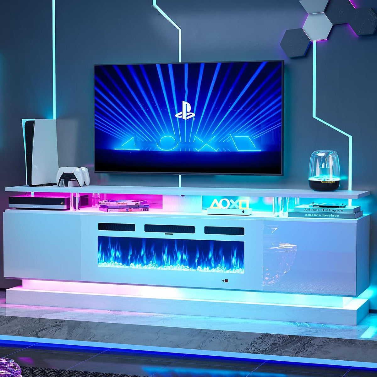 Close frontal view of a glossy white TV stand with LED accents, open top shelf and electric fireplace glowing blue.