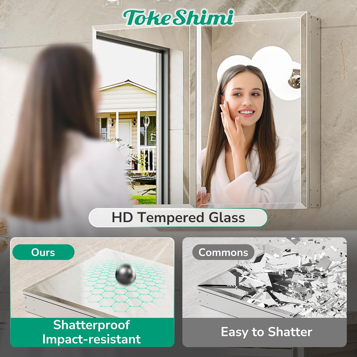 Mirrored cabinet reflecting a woman touching her face; lower panels compare shatterproof tempered glass to easily shattered