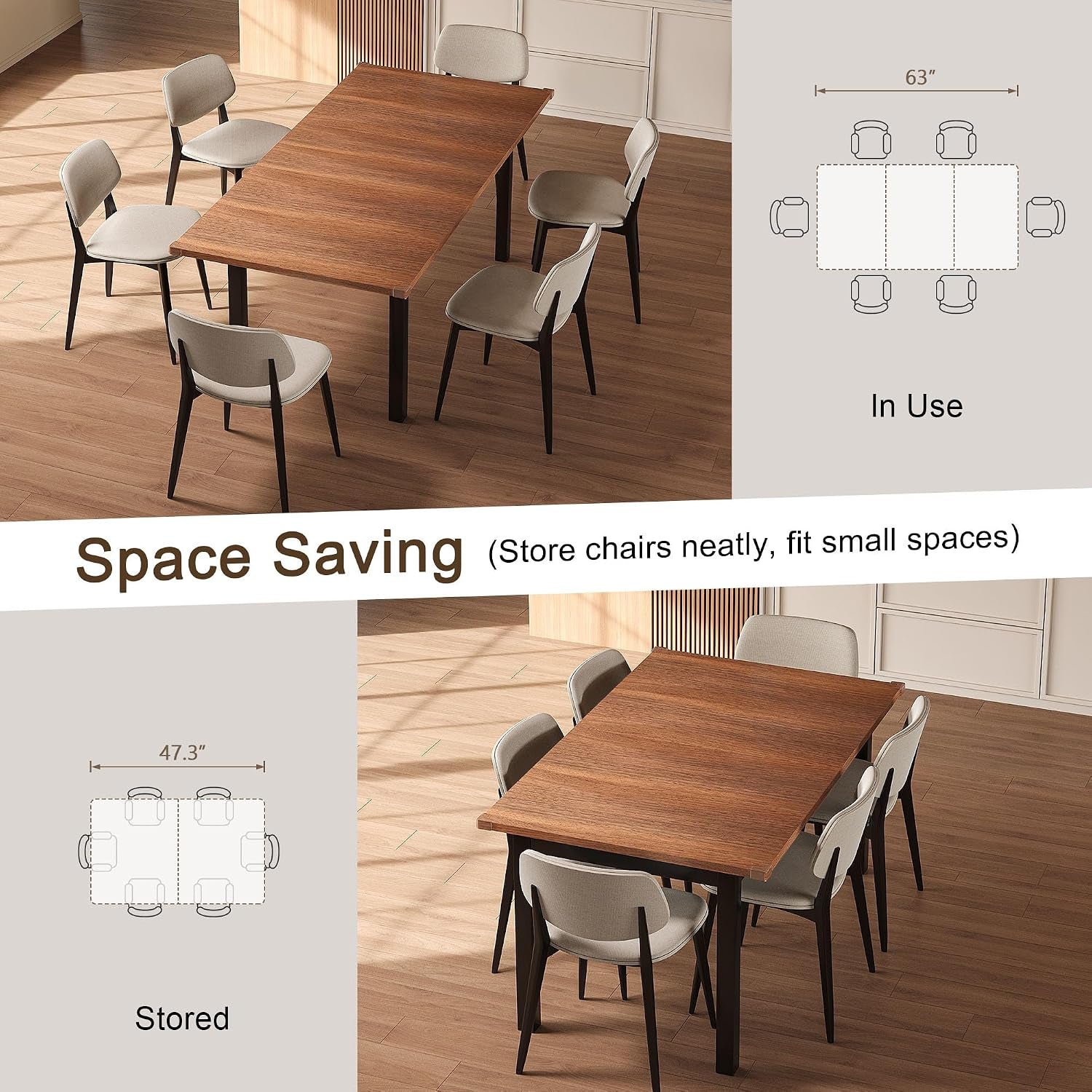 Overhead view of the expanded table set with six chairs and layout graphic showing seating arrangement