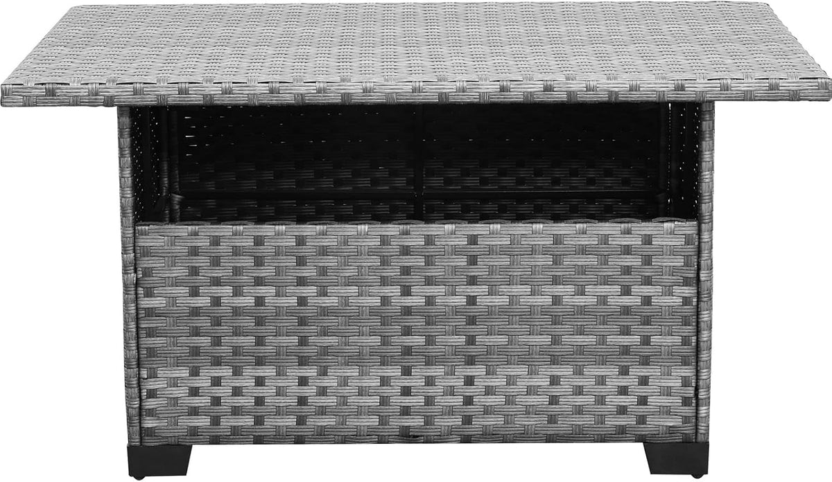 Front-facing studio shot of a grey woven storage table with an open center compartment and black plastic feet.