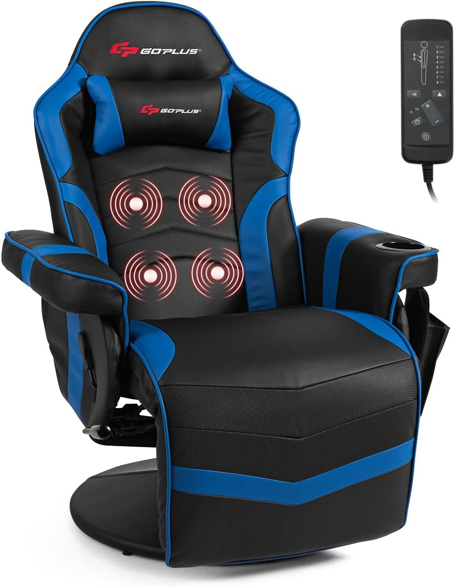 Black and blue racing-style gaming chair shown with head pillow, cup holder and remote