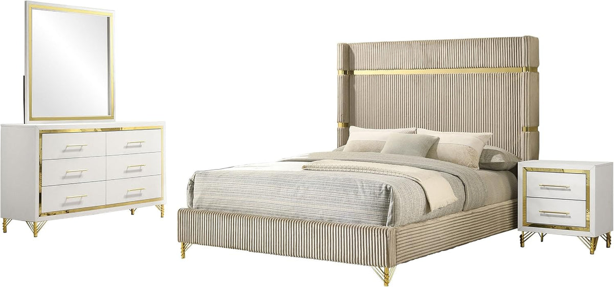 Styled bedroom set: tall ribbed wingback bed in beige, white dresser with gold trim and matching nightstand, and mirror.