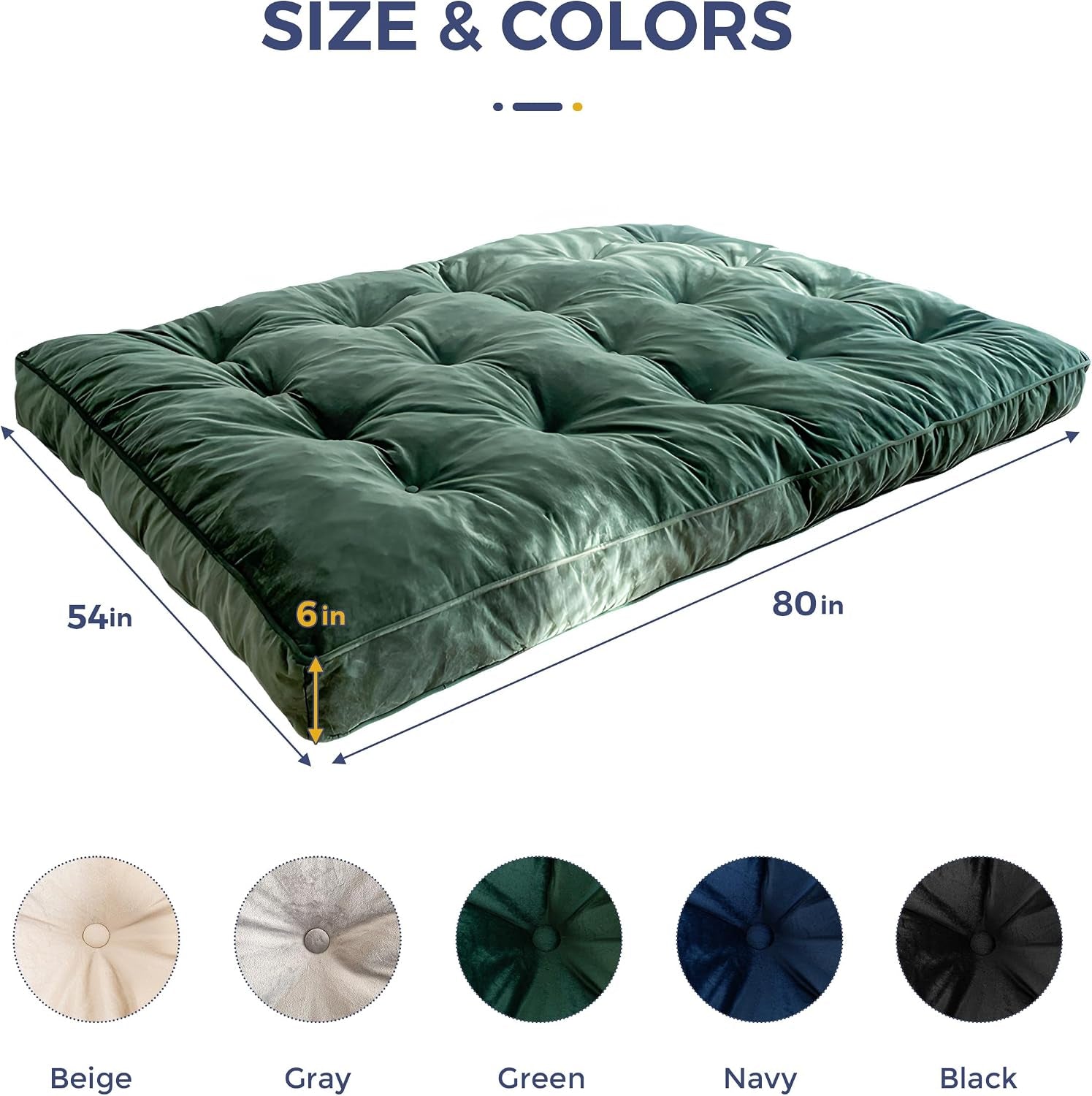 Full-size green tufted futon mattress shown flat on a white background with 54 x 80 x 6 in dimensions overlay
