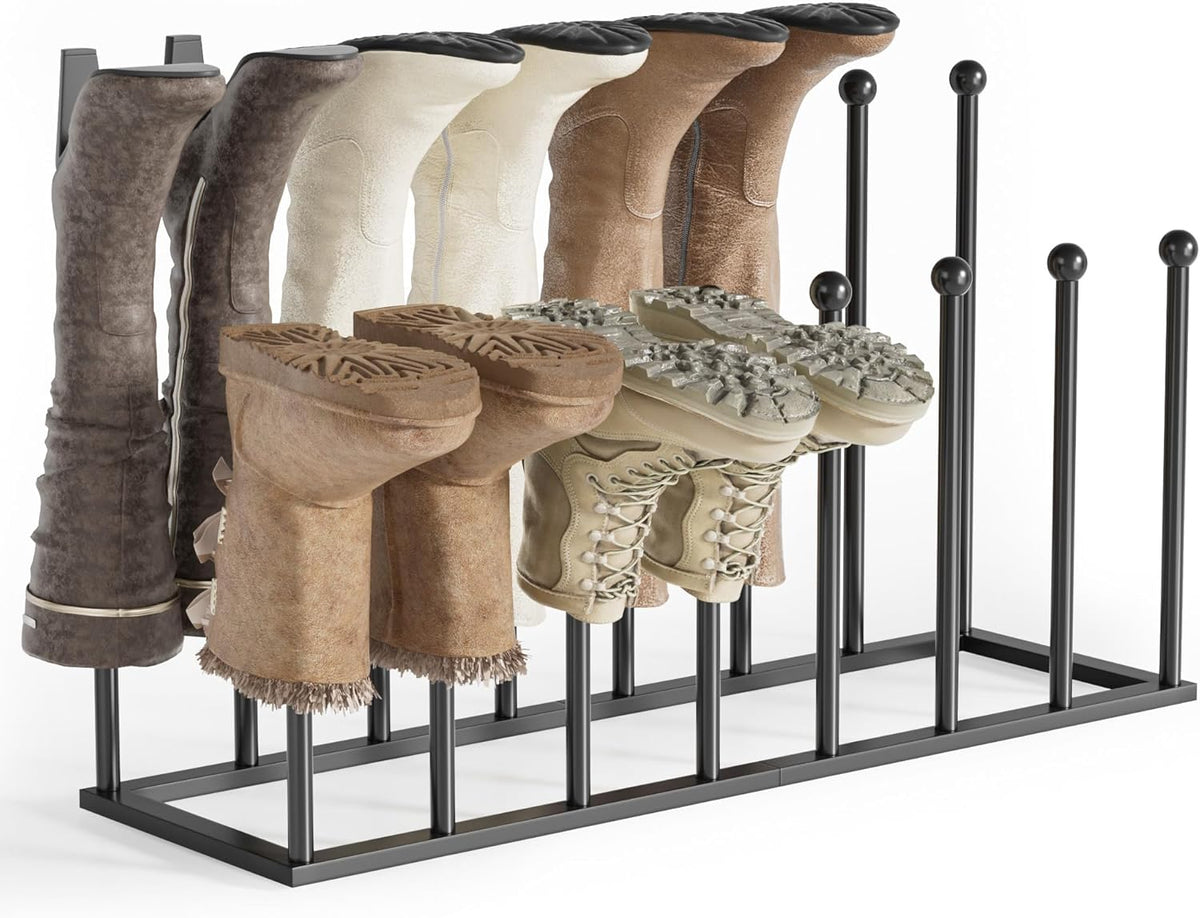 Black freestanding boot rack with eight vertical poles shown with boots against a white background