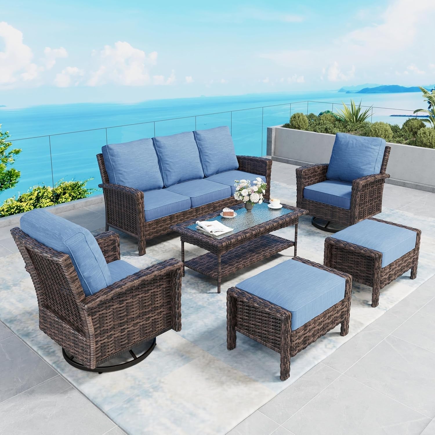 SUNSHINE VALLEY 5pcs Patio Furniture Set, Outdoor High Back Sofa, Beige | Swivel Wicker Chairs w/5.5" Thick, gallery view 26