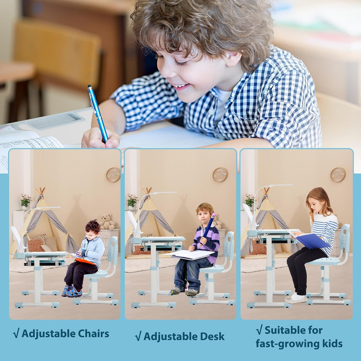 Three vertical panels showing children of different ages using the same blue adjustable desk and chair in a playroom setting.