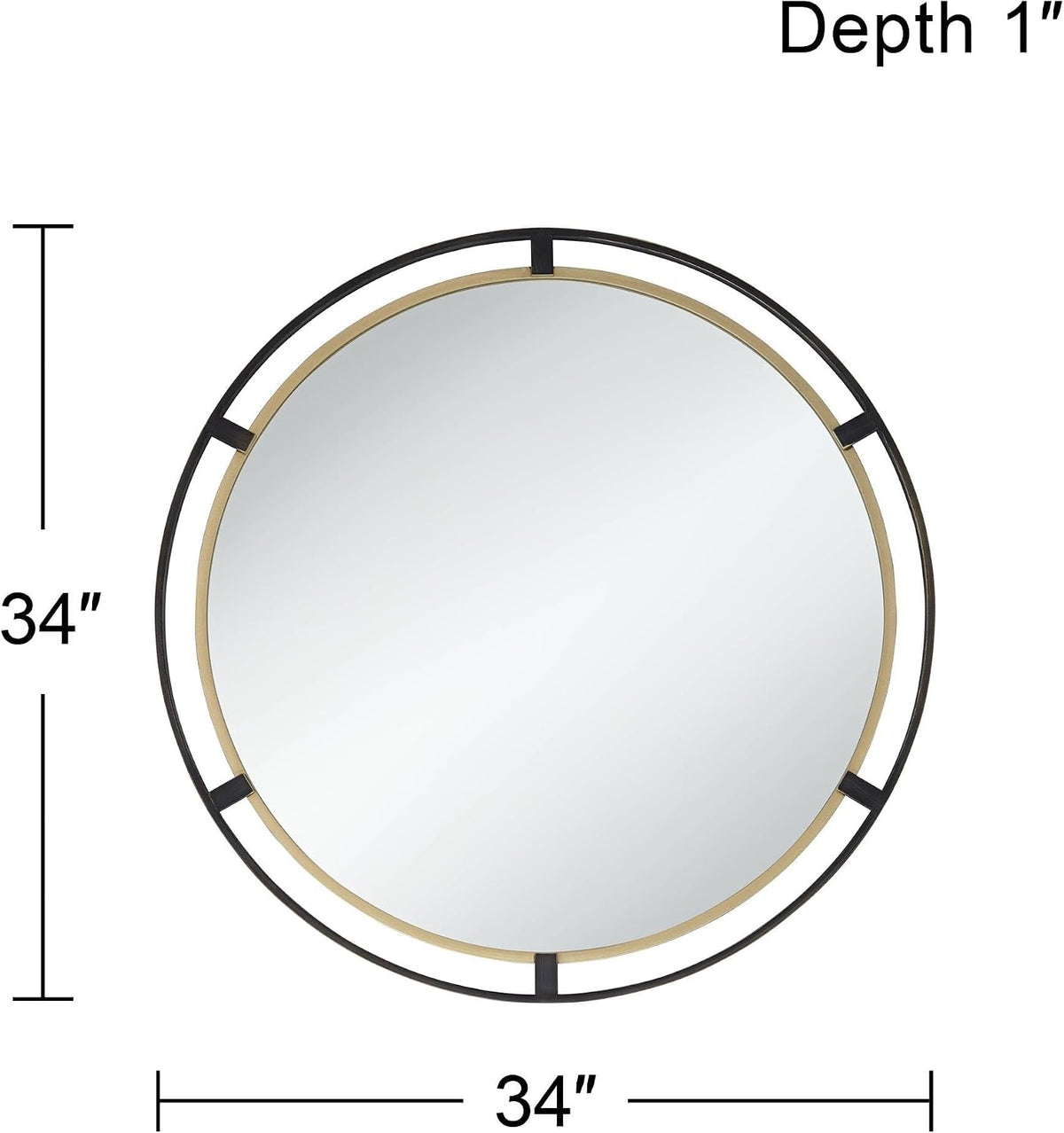 Top portion of the round mirror with 34" height and width markers and visible two-tone metal frame.