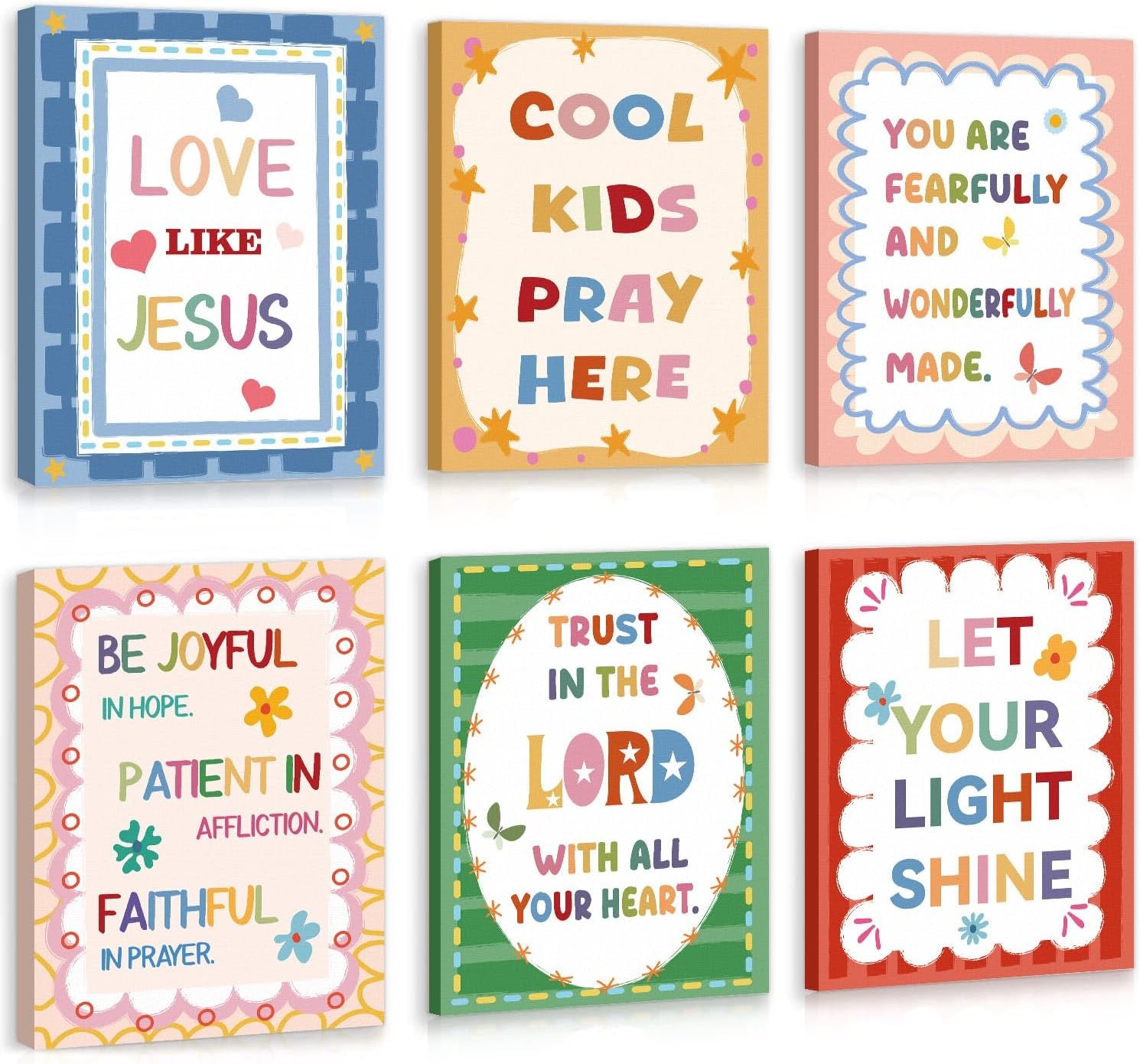 Grid of six colorful children's canvas prints with playful borders and uplifting phrases.