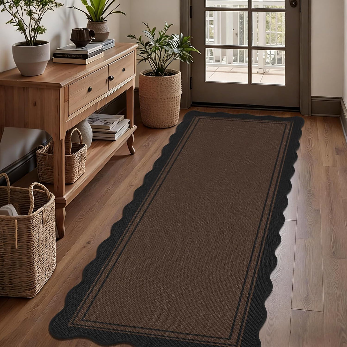 Entryway with a scalloped dark brown runner beside a wooden console and woven baskets