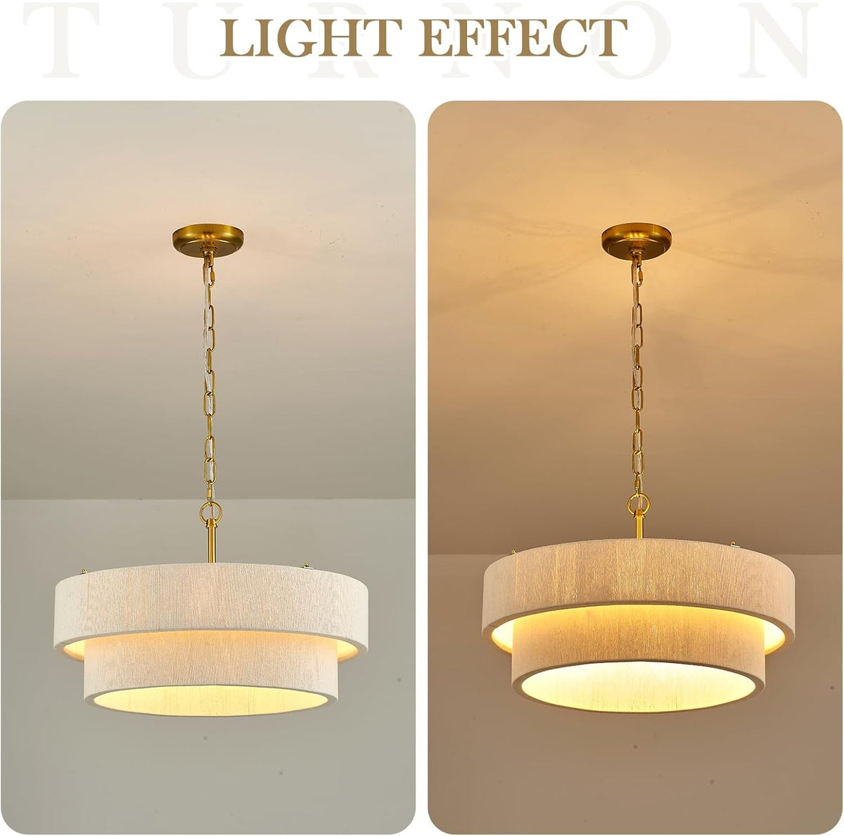 Two side-by-side views showing the pendant off and lit to compare warm light effect on the ceiling.