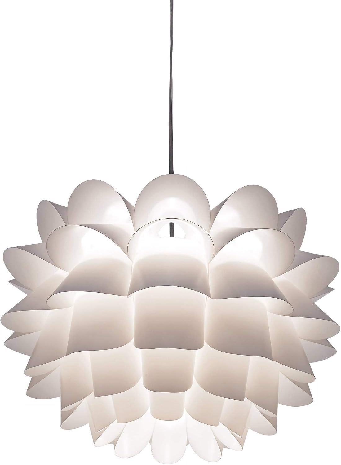 Angled low view of the lit white flower pendant chandelier showing overlapping petal layers