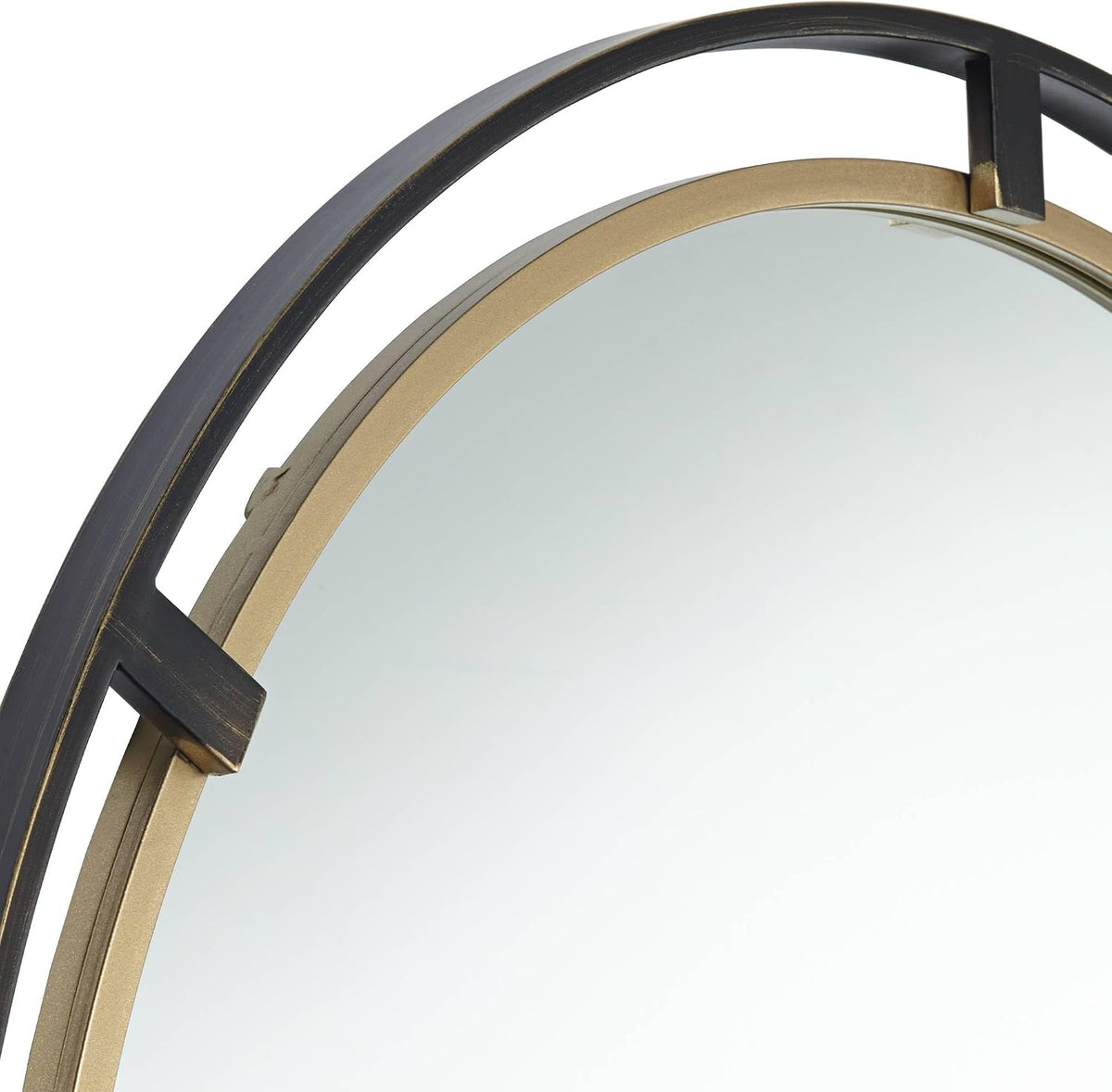 Close-up of mirror edge showing antiqued gold inner frame and distressed bronze outer ring detail