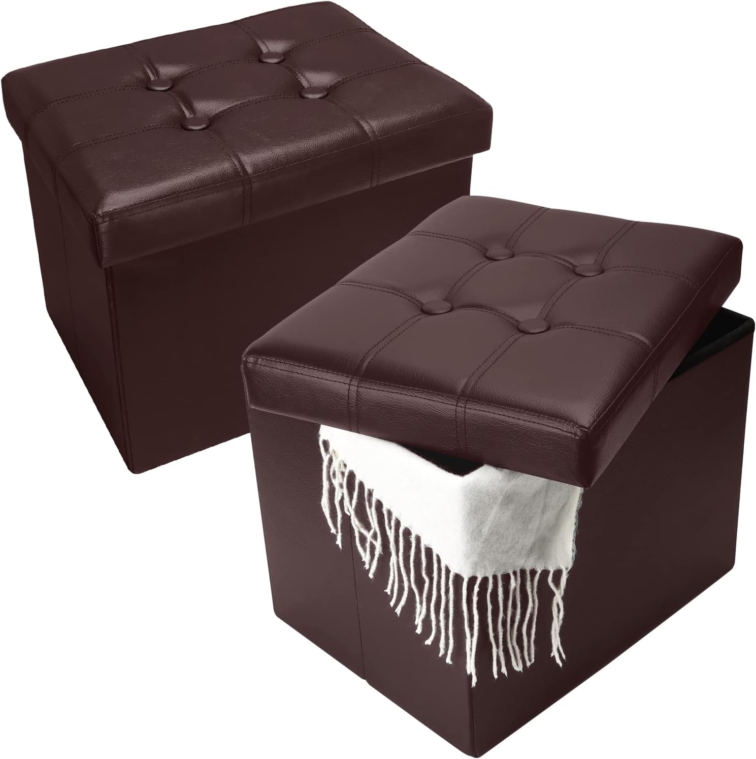 Pair of dark brown tufted ottomans, one with lid open showing a white fringed throw in the storage.