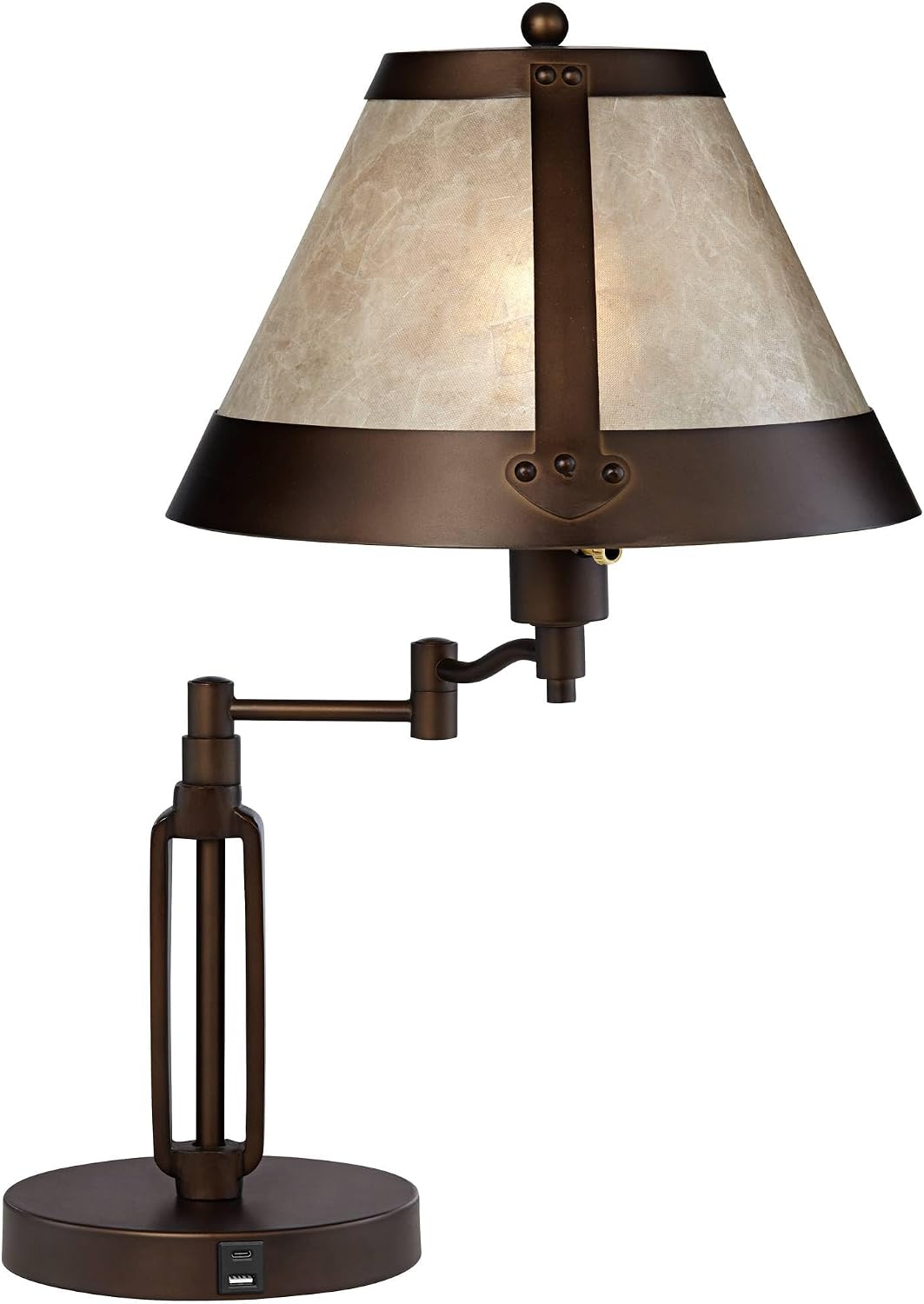 Side view of lamp showing mica shade, articulated swing arm and round base with visible USB ports.