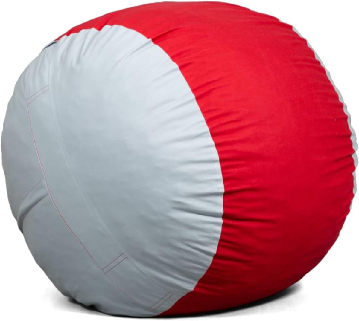 Round red and light-gray cover stretched over a large spherical bean bag form.