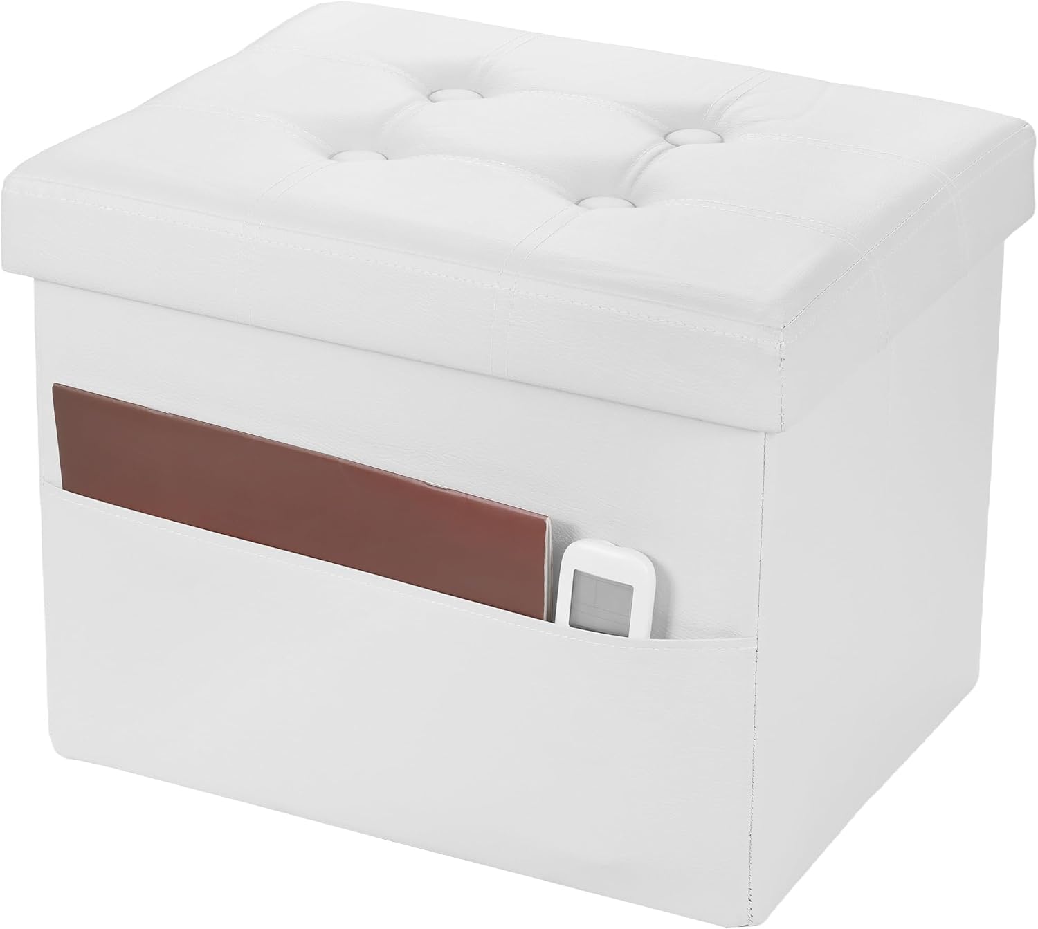 White faux-leather ottoman front view showing a side pocket holding a book and a small remote